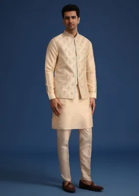 Beige Silk Zardozi Work Jacket And Kurta Set