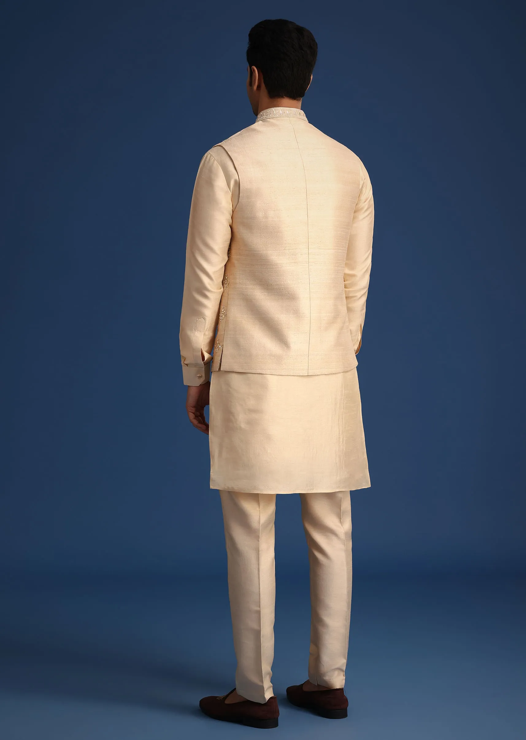Beige Silk Zardozi Work Jacket And Kurta Set