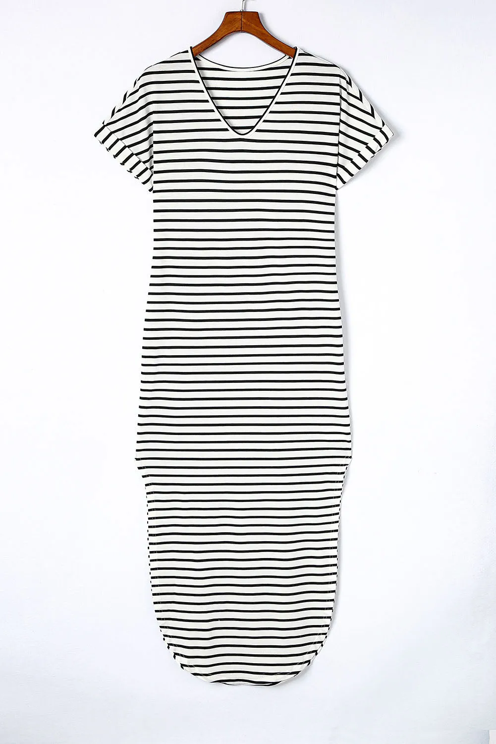 Black Striped Print Side Split Short Sleeve V Neck Maxi Dress