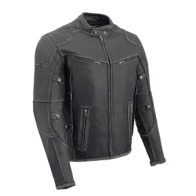 Grey MLM1536 Mens Vintage Distressed Grey Leather Scooter Style Motorcycle Jacket - Reflective Piping