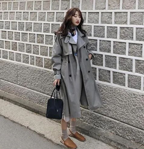Loose cotton trench coat with sashes oversize double breasted vintage cloak overcoats windbreaker