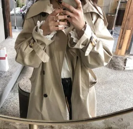 Loose cotton trench coat with sashes oversize double breasted vintage cloak overcoats windbreaker