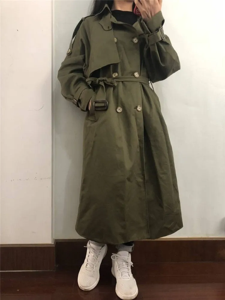 Loose cotton trench coat with sashes oversize double breasted vintage cloak overcoats windbreaker
