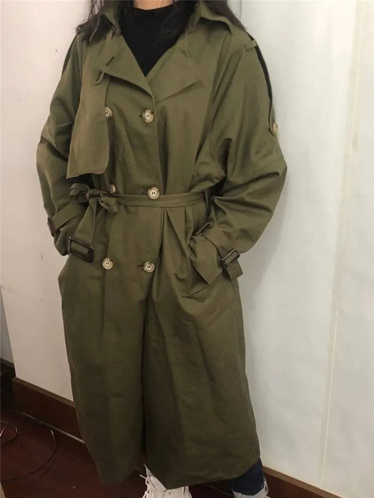 Loose cotton trench coat with sashes oversize double breasted vintage cloak overcoats windbreaker
