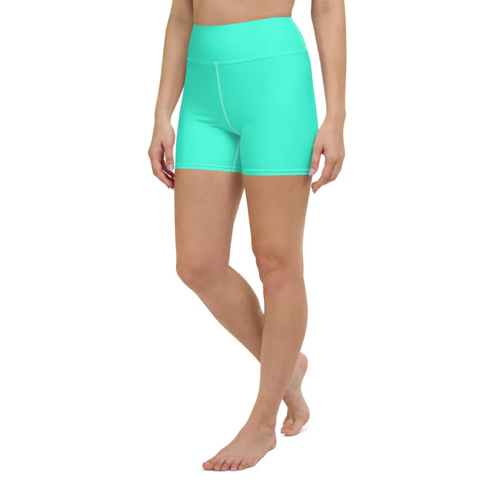 Turquoise Blue Yoga Shorts, Bright Blue Colorful Solid Color Designer Women's Tights-Made in USA/EU