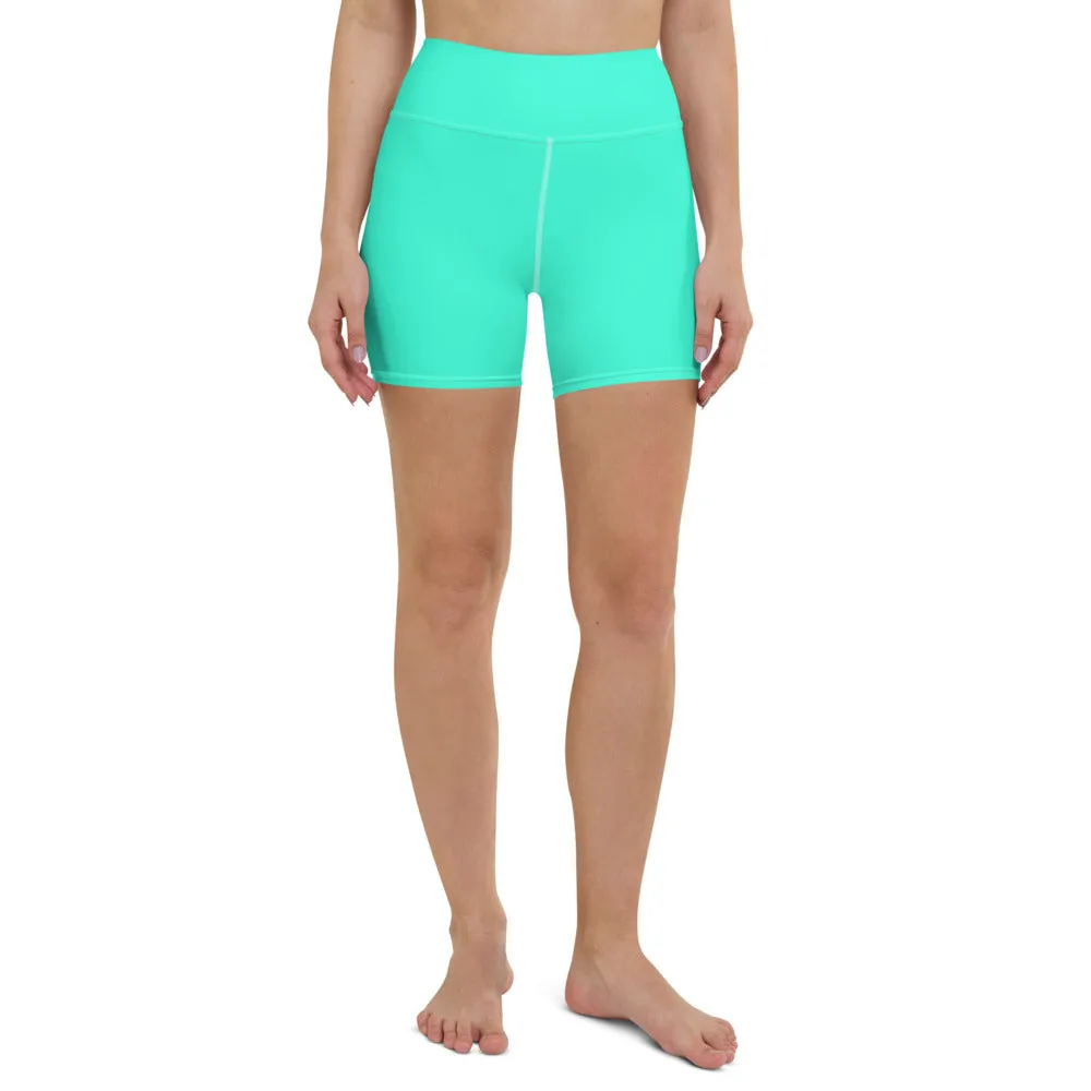 Turquoise Blue Yoga Shorts, Bright Blue Colorful Solid Color Designer Women's Tights-Made in USA/EU