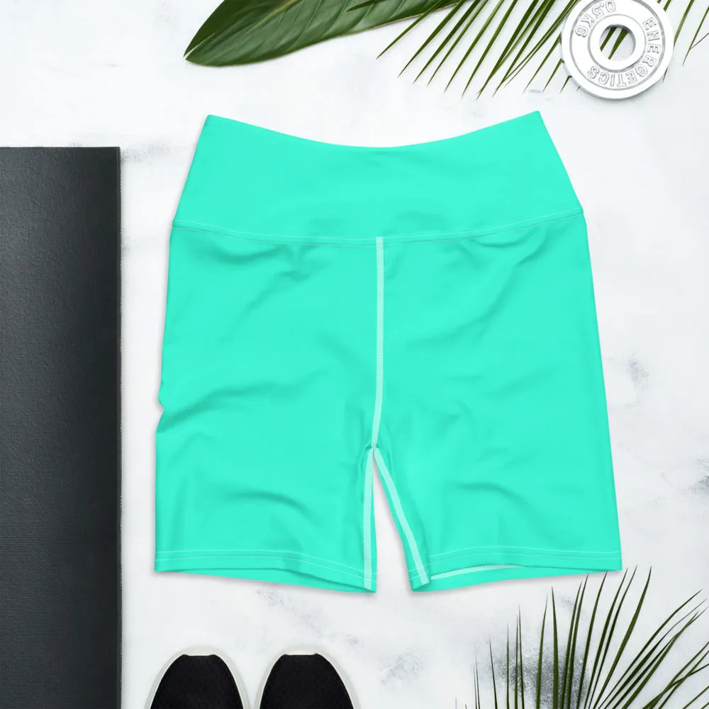 Turquoise Blue Yoga Shorts, Bright Blue Colorful Solid Color Designer Women's Tights-Made in USA/EU
