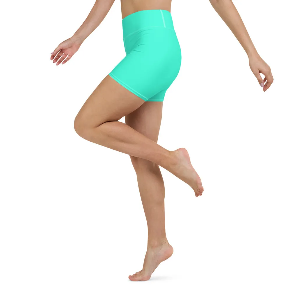Turquoise Blue Yoga Shorts, Bright Blue Colorful Solid Color Designer Women's Tights-Made in USA/EU
