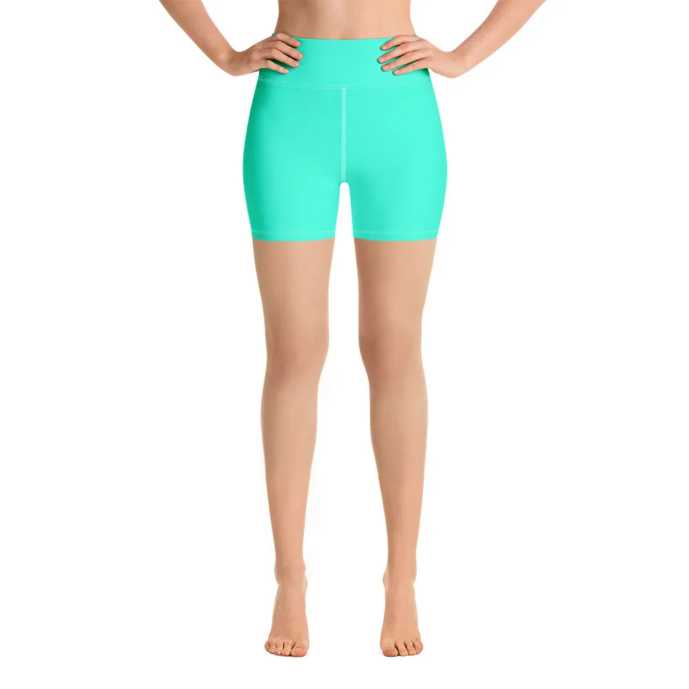 Turquoise Blue Yoga Shorts, Bright Blue Colorful Solid Color Designer Women's Tights-Made in USA/EU