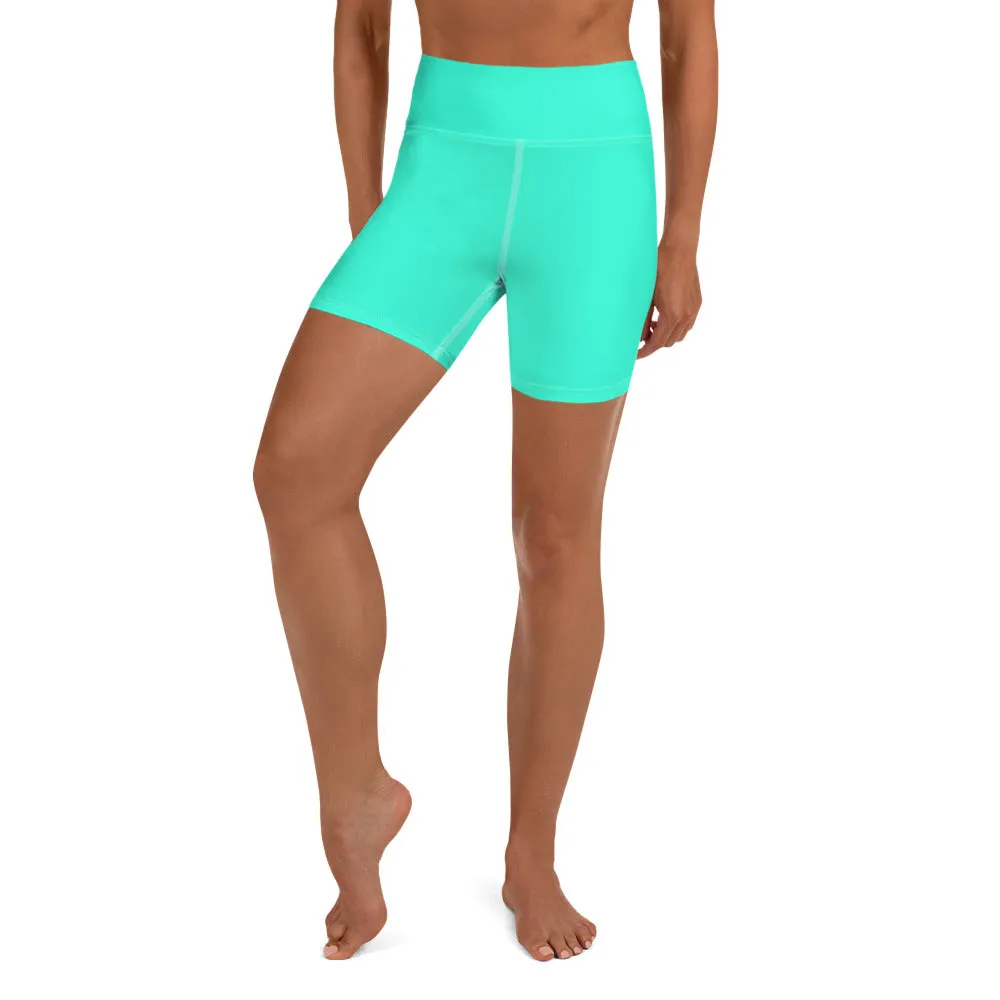Turquoise Blue Yoga Shorts, Bright Blue Colorful Solid Color Designer Women's Tights-Made in USA/EU