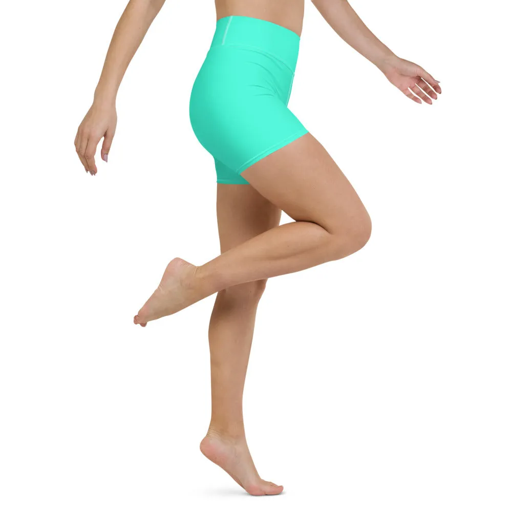 Turquoise Blue Yoga Shorts, Bright Blue Colorful Solid Color Designer Women's Tights-Made in USA/EU