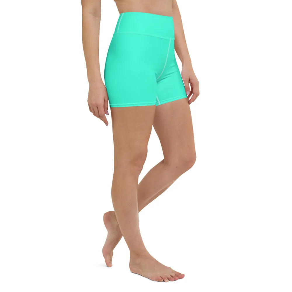 Turquoise Blue Yoga Shorts, Bright Blue Colorful Solid Color Designer Women's Tights-Made in USA/EU
