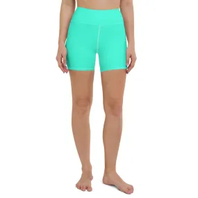 Turquoise Blue Yoga Shorts, Bright Blue Colorful Solid Color Designer Women's Tights-Made in USA/EU
