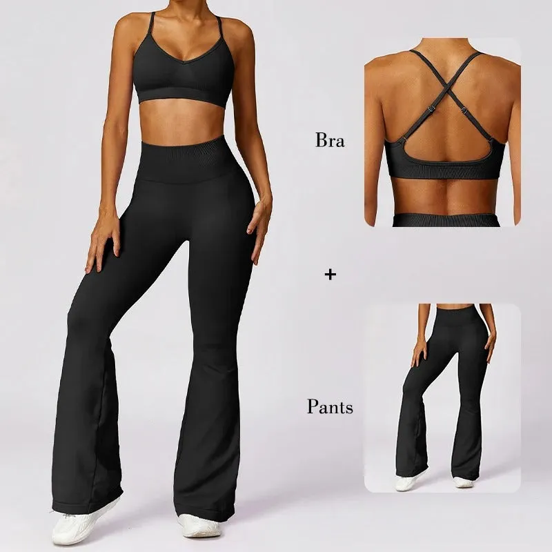 Workout Set With Flared Pants and Cross-Back Bra