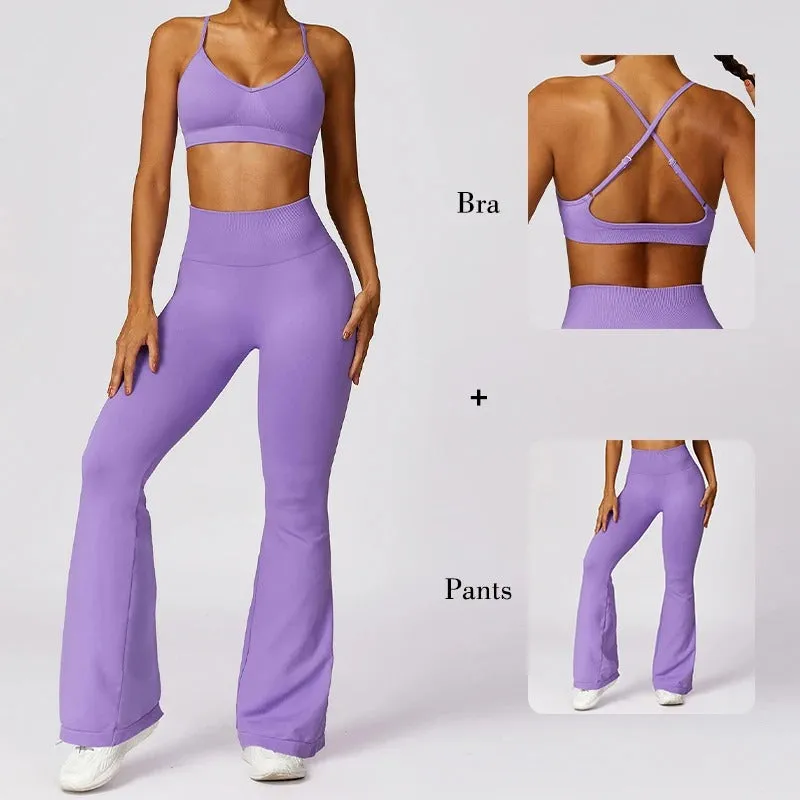 Workout Set With Flared Pants and Cross-Back Bra