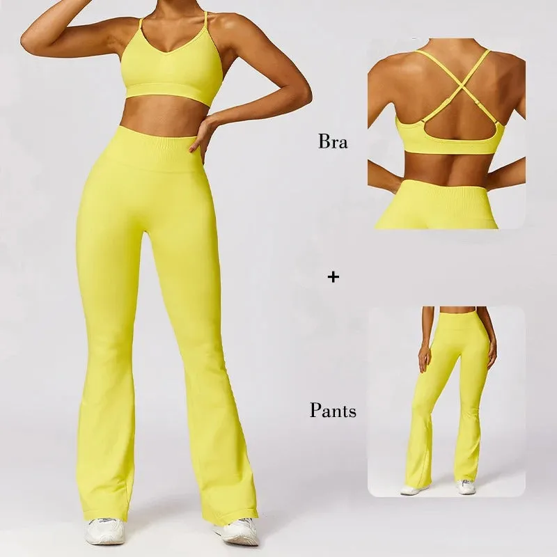 Workout Set With Flared Pants and Cross-Back Bra