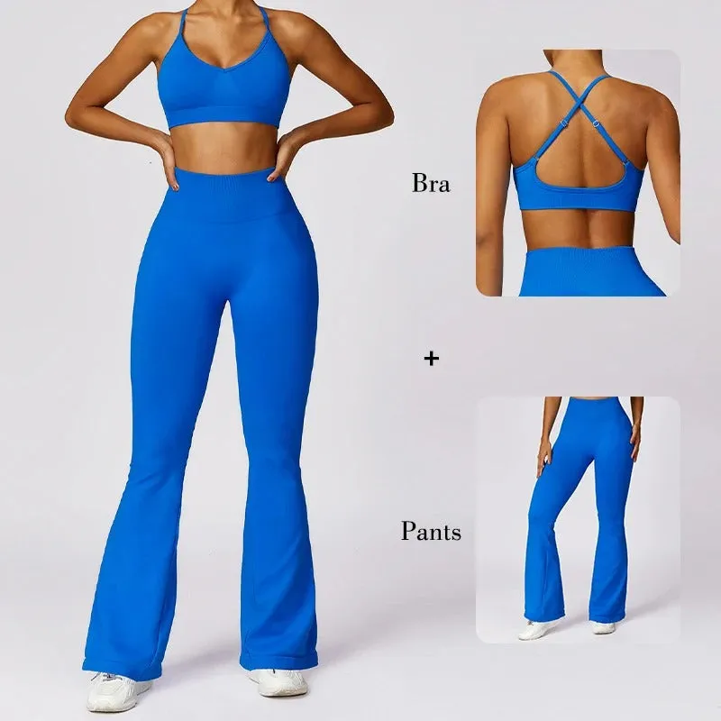 Workout Set With Flared Pants and Cross-Back Bra