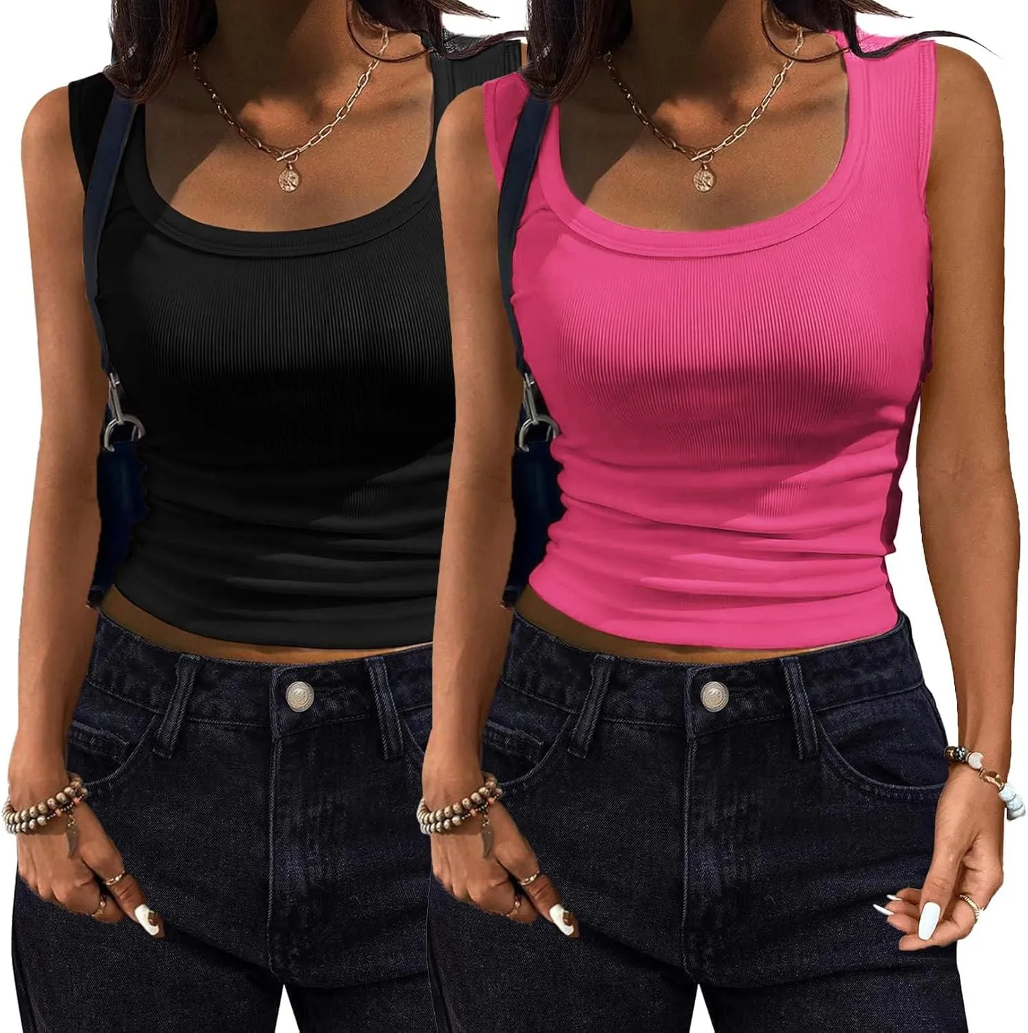 Zeagoo Womens Tank Tops 2 Pack Ribbed Square Neck Shirts