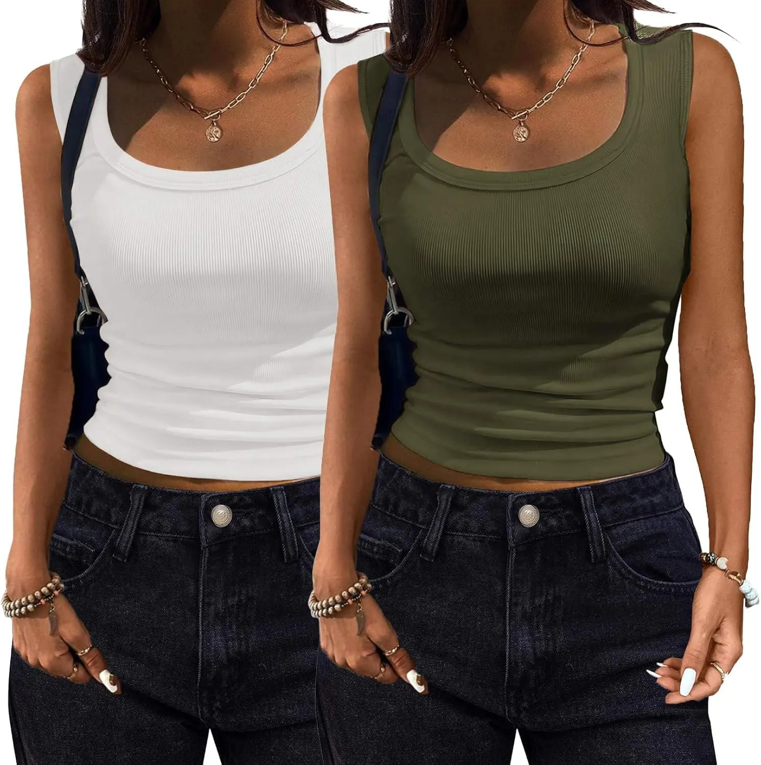 Zeagoo Womens Tank Tops 2 Pack Ribbed Square Neck Shirts
