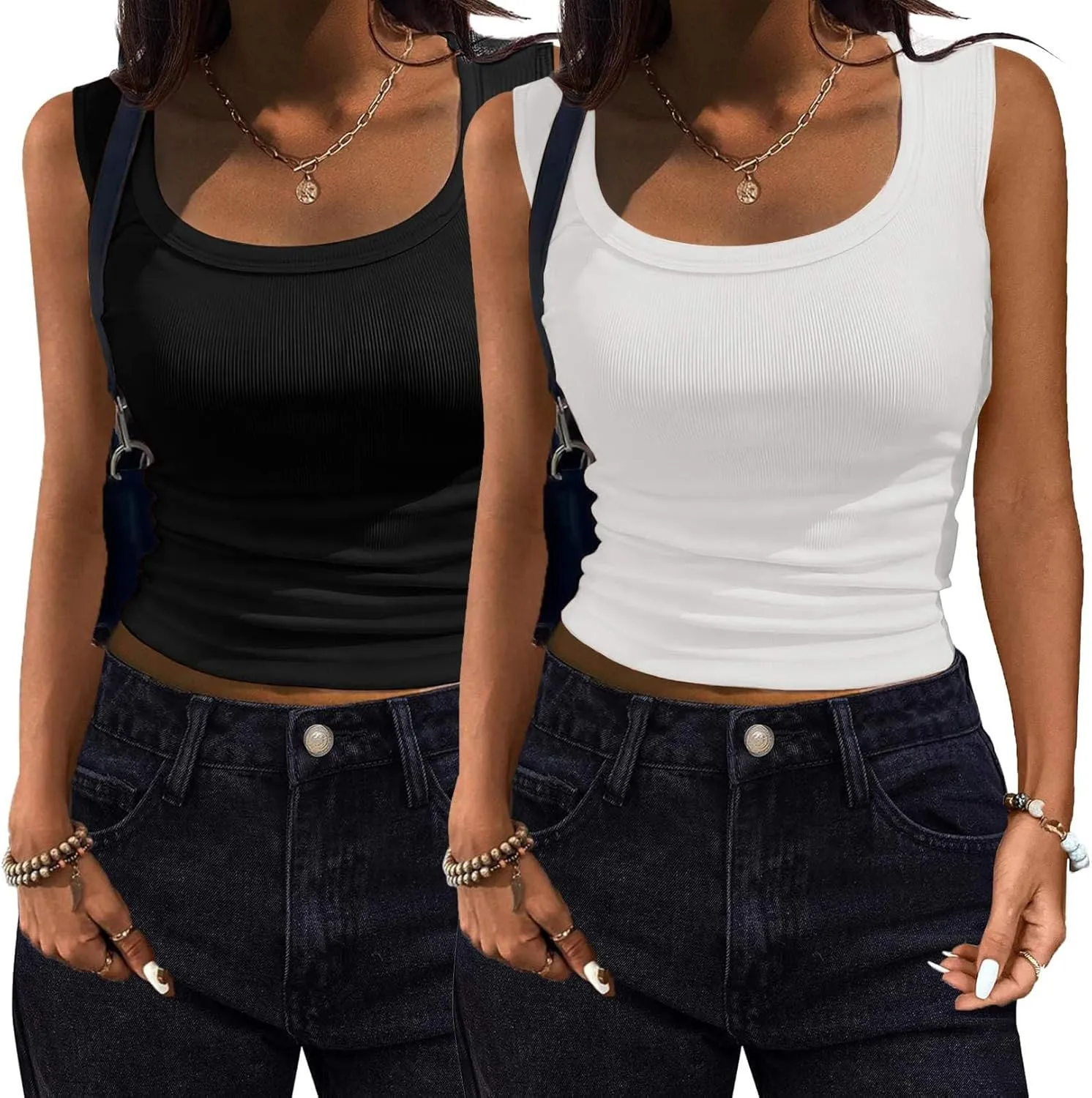 Zeagoo Womens Tank Tops 2 Pack Ribbed Square Neck Shirts