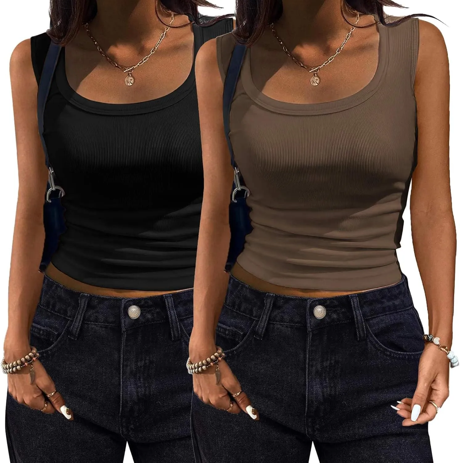 Zeagoo Womens Tank Tops 2 Pack Ribbed Square Neck Shirts