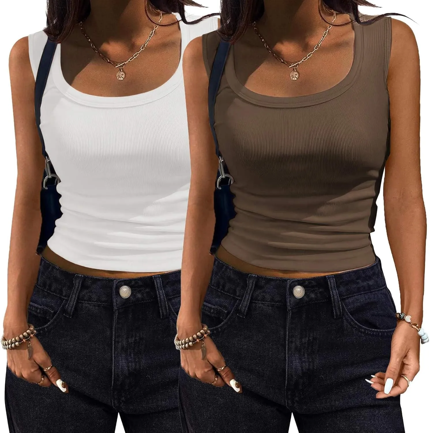 Zeagoo Womens Tank Tops 2 Pack Ribbed Square Neck Shirts