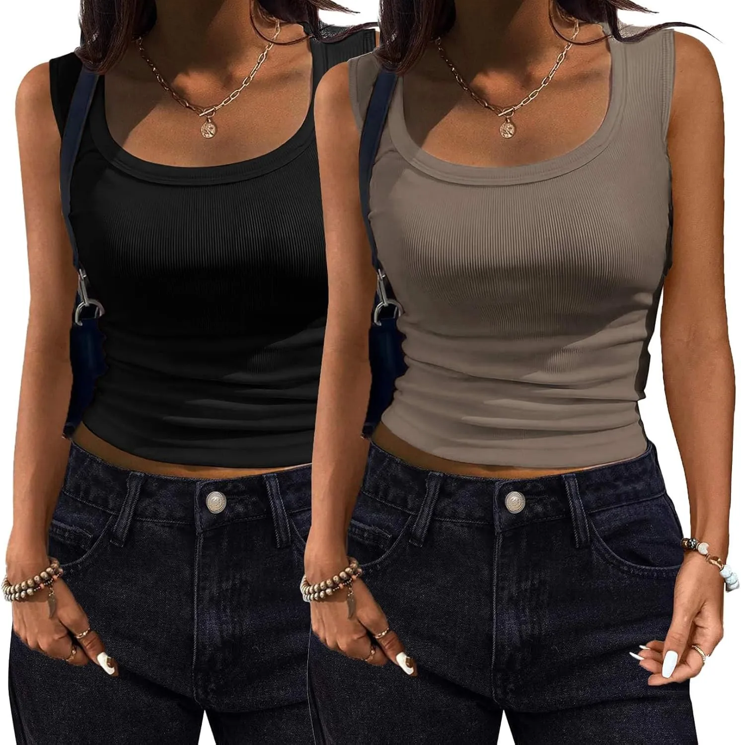 Zeagoo Womens Tank Tops 2 Pack Ribbed Square Neck Shirts