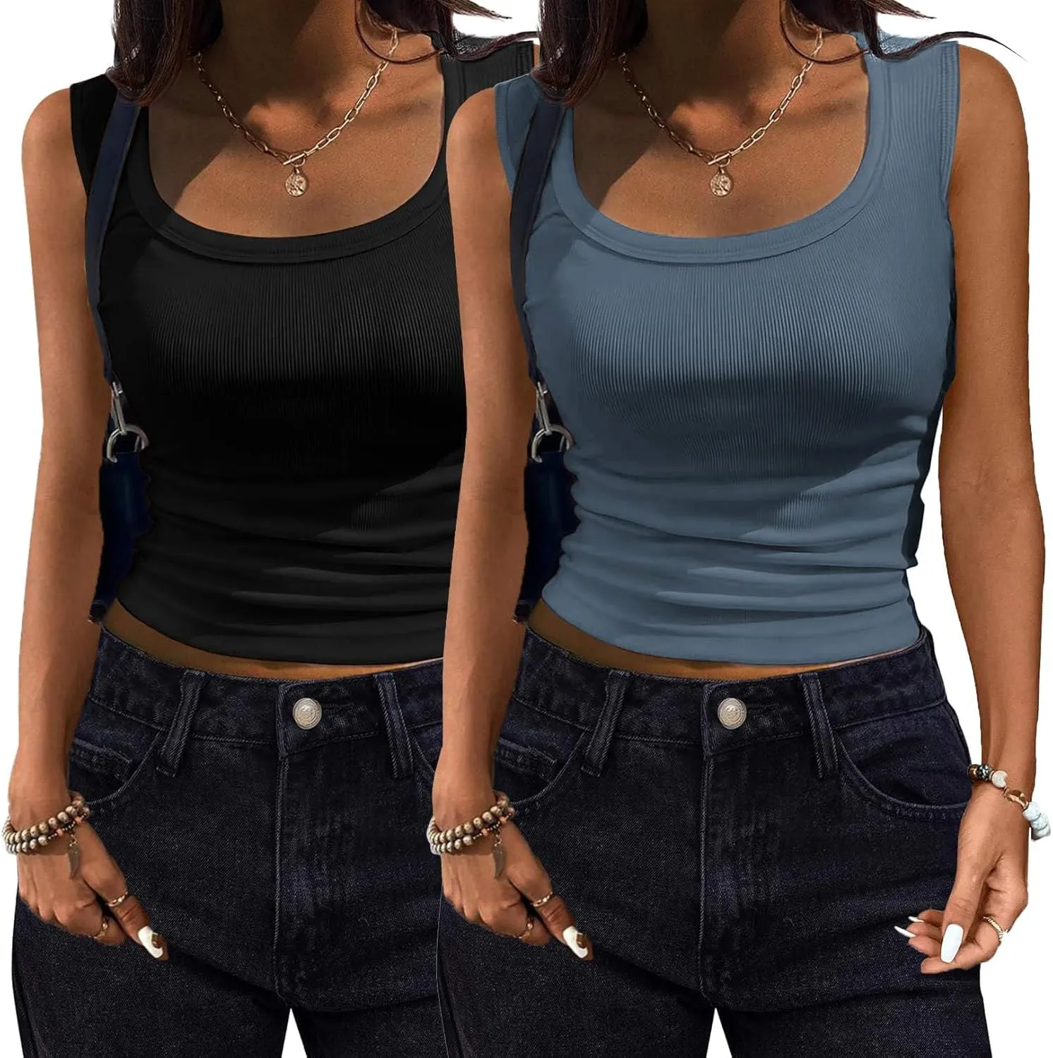 Zeagoo Womens Tank Tops 2 Pack Ribbed Square Neck Shirts