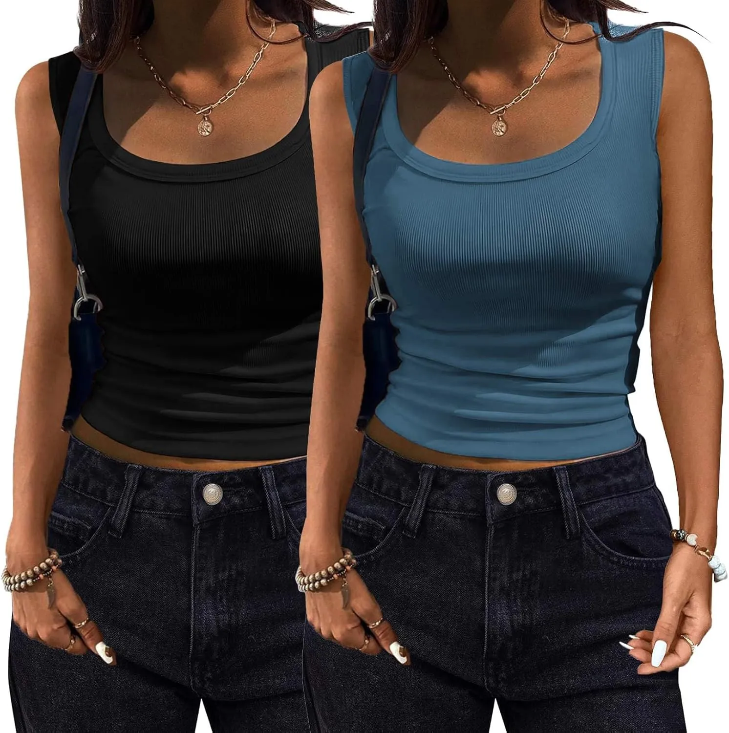 Zeagoo Womens Tank Tops 2 Pack Ribbed Square Neck Shirts