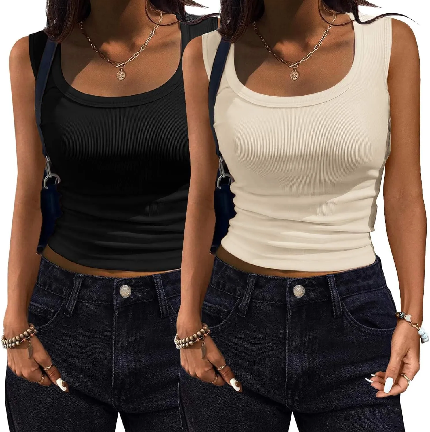 Zeagoo Womens Tank Tops 2 Pack Ribbed Square Neck Shirts